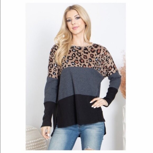 Leopard Print Color Block Long Sleeve Knit Top Women’s Casual Loose Fit-NEW - Picture 3 of 7